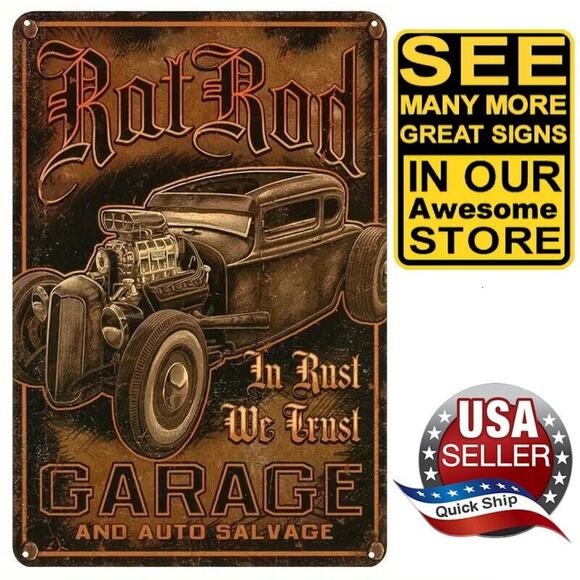 Tin Sign • Rat Rod Blown Hemi • Auto Salvage & Garage • In Rust We Trust • 8x12 - Picture 1 of 8